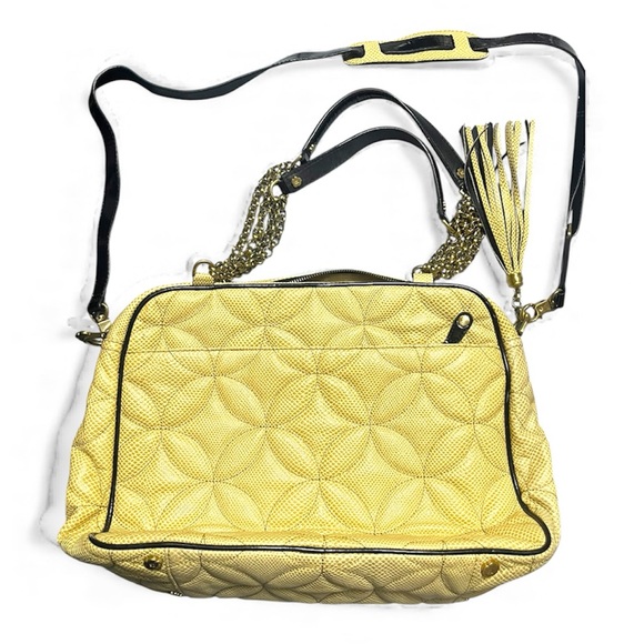 Vintage! Eric Javits quilted leather shoulder bag in tan with black patent trim - Picture 2 of 13